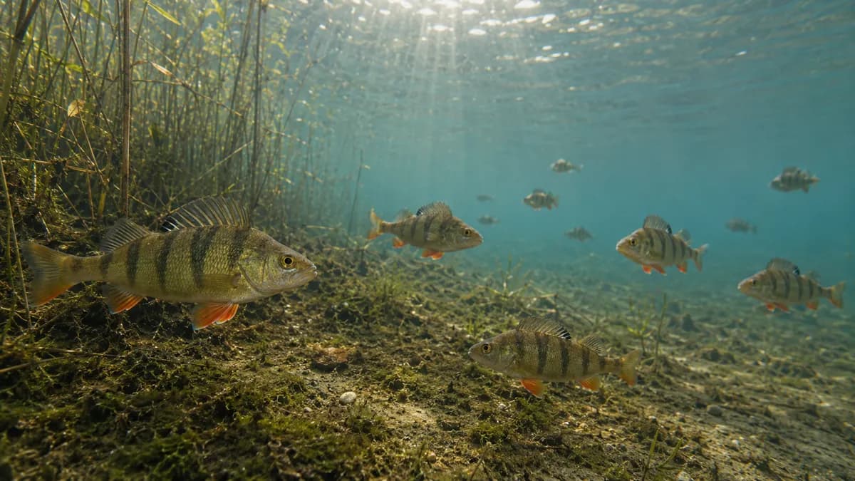 A shoal of European perch over a weedy lake bed in clear, sunlit water, one large striped fish in the foreground among reed stems