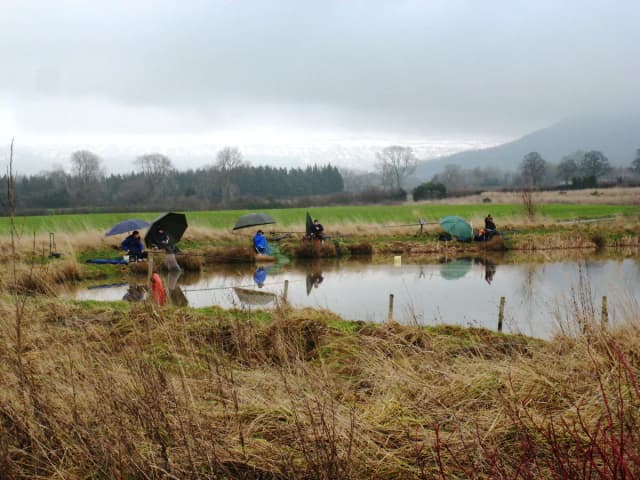 Anglers fishing a coarse pond near the North York Moors, close to Dromonby Farm Fishery