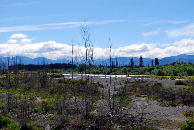 The braided Hurunui River channel crossing the Canterbury Plains with the Southern Alps foothills behind