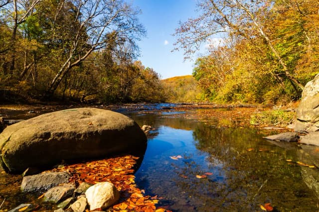 A rocky pool on the Gunpowder Falls river surrounded by autumn foliage, with a large boulder in the foreground.