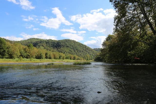A wide, sunlit view of the Clinch River in Tennessee, with a gravel bar and forested hills along the banks.