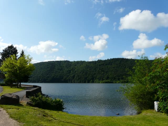 Lac Chambon, a volcanic lake in the Monts Dore, Puy-de-Dôme, France, seen from its northern shore with wooded crater slopes beyond