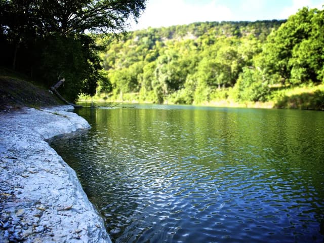 The Guadalupe River flowing past a limestone bank with green Hill Country woodland on the far shore, Texas.
