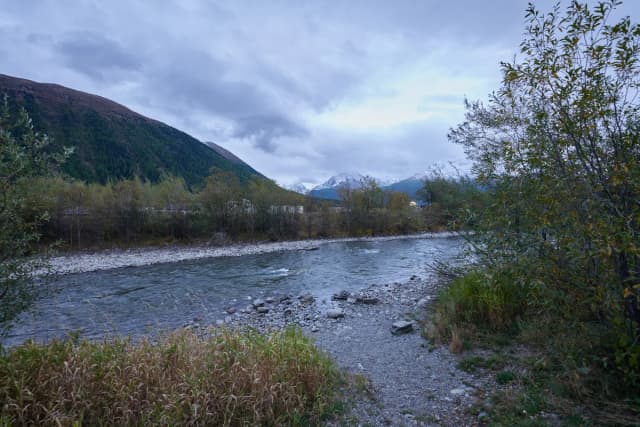 Gravel-bar reach of the Inn river with Alpine peaks in the background, Engadin
