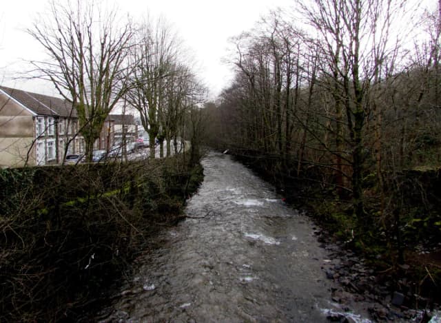 A fast-flowing stretch of the Rhondda River lined with trees and terraced houses in the Rhondda Valley.