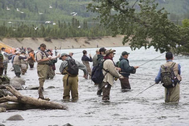 A row of fly anglers wading and casting at the confluence of the Kenai and Russian Rivers, with gulls flying overhead and forested banks behind.