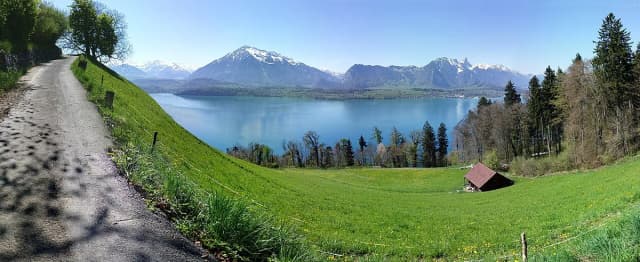 Panoramic view of Lake Thun with Mount Niesen and the Bernese Alps