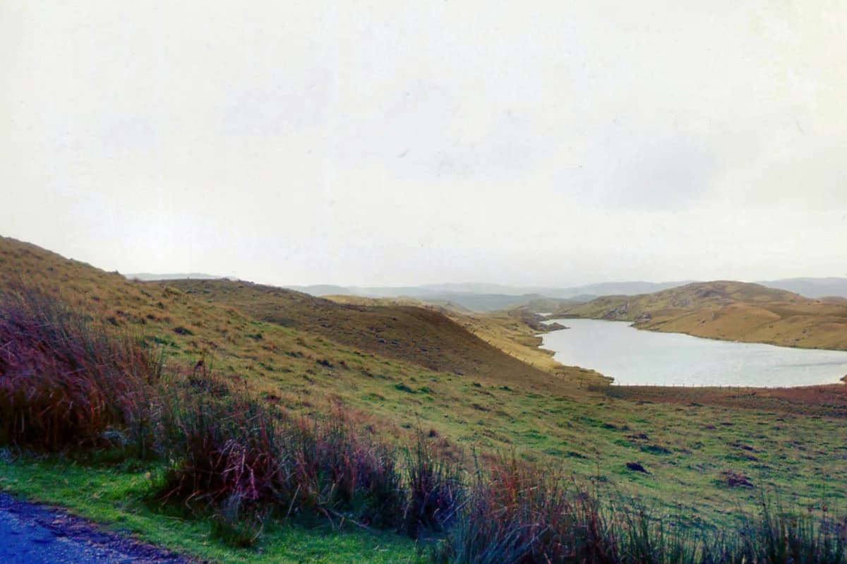 Wide view of Llyn Teifi, an upland reservoir lake in the Cambrian Mountains, Wales, with grassy moorland hills surrounding the water and a dam visible in the background.