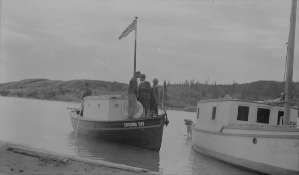 Great Bear Lake — Royal Canadian Mounted Police boat Cameron Bay leaving LaBine Point, Eldorado Mine, Great Bear Lake