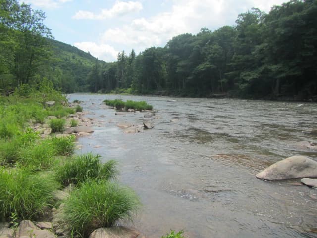 Esopus Creek flowing over a rocky streambed with forested mountains in the background, Catskills, New York.