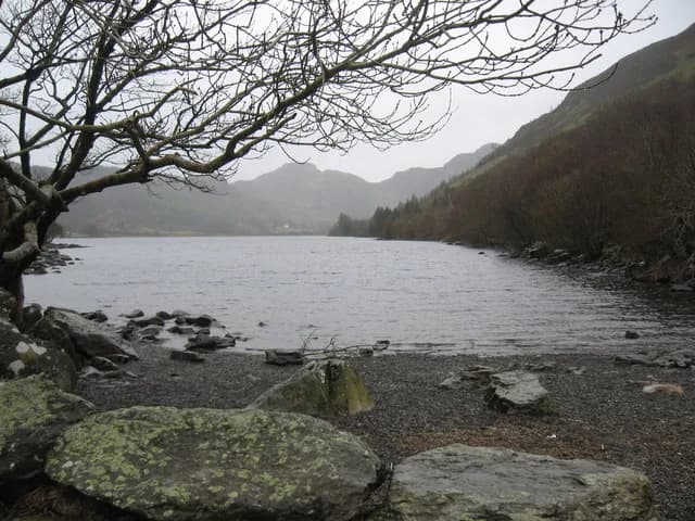 Llyn Crafnant lake surrounded by forested hills near Trefriw, Conwy