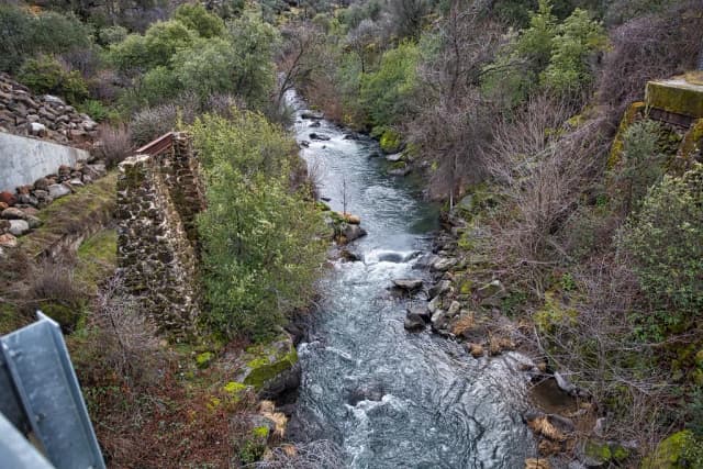 Battle Creek flowing through a rocky, tree-lined gorge near Manton, California, viewed from Wildcat Bridge.