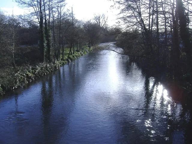 The River Rhymney flowing past Bedwas in South Wales, a gently curving rural river stretch bordered by trees.