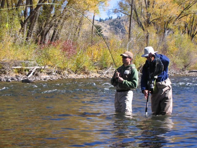 Two fly anglers wading an open valley stretch of the Gunnison River lined with autumn-coloured trees and distant hills.