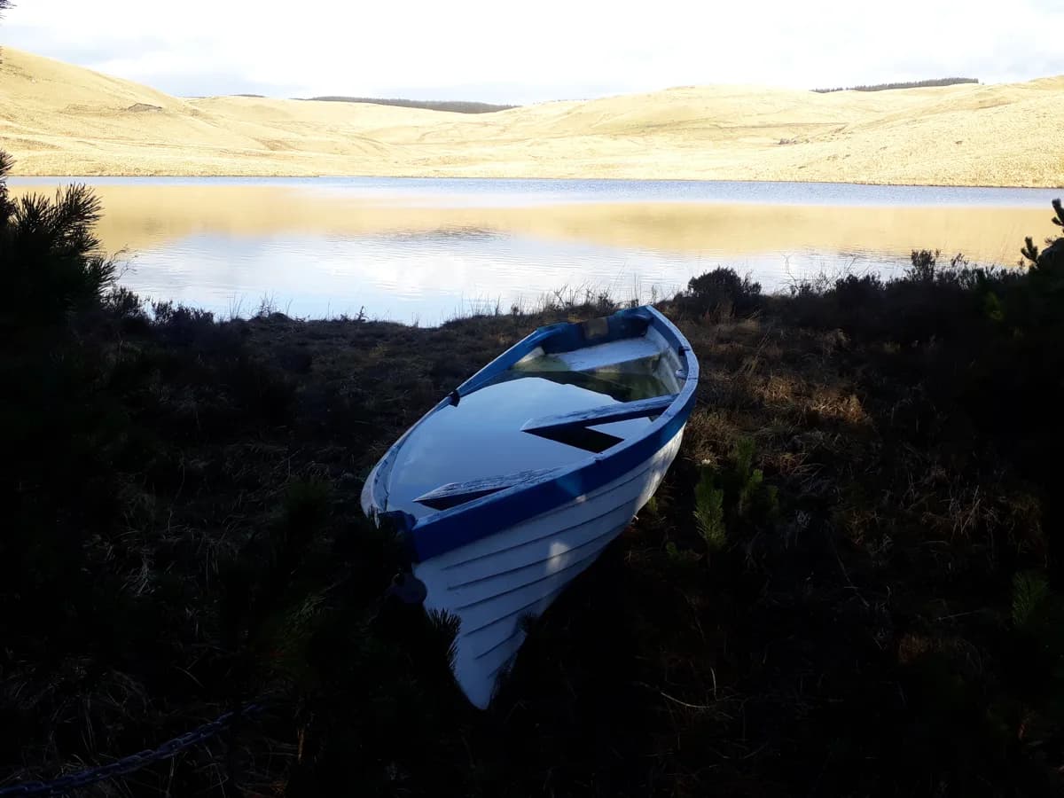 A small white and blue rowing boat resting on the grassy bank of a calm upland lake, with bare moorland hills reflected in the water.