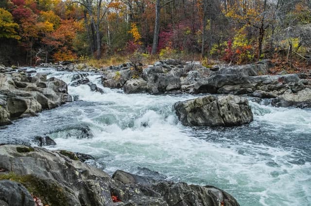Rushing whitewater rapids over boulders on the Housatonic River, framed by autumn foliage near Bull's Bridge, Connecticut.