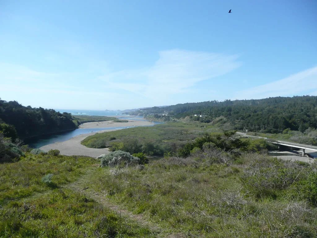 Aerial view of the Gualala River meandering through green coastal hills to meet the ocean.