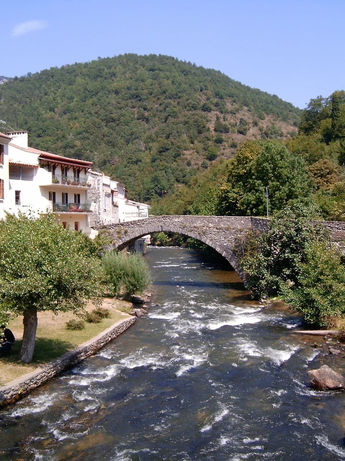 The Aude river flowing beneath a stone bridge at Axat, with wooded mountains behind