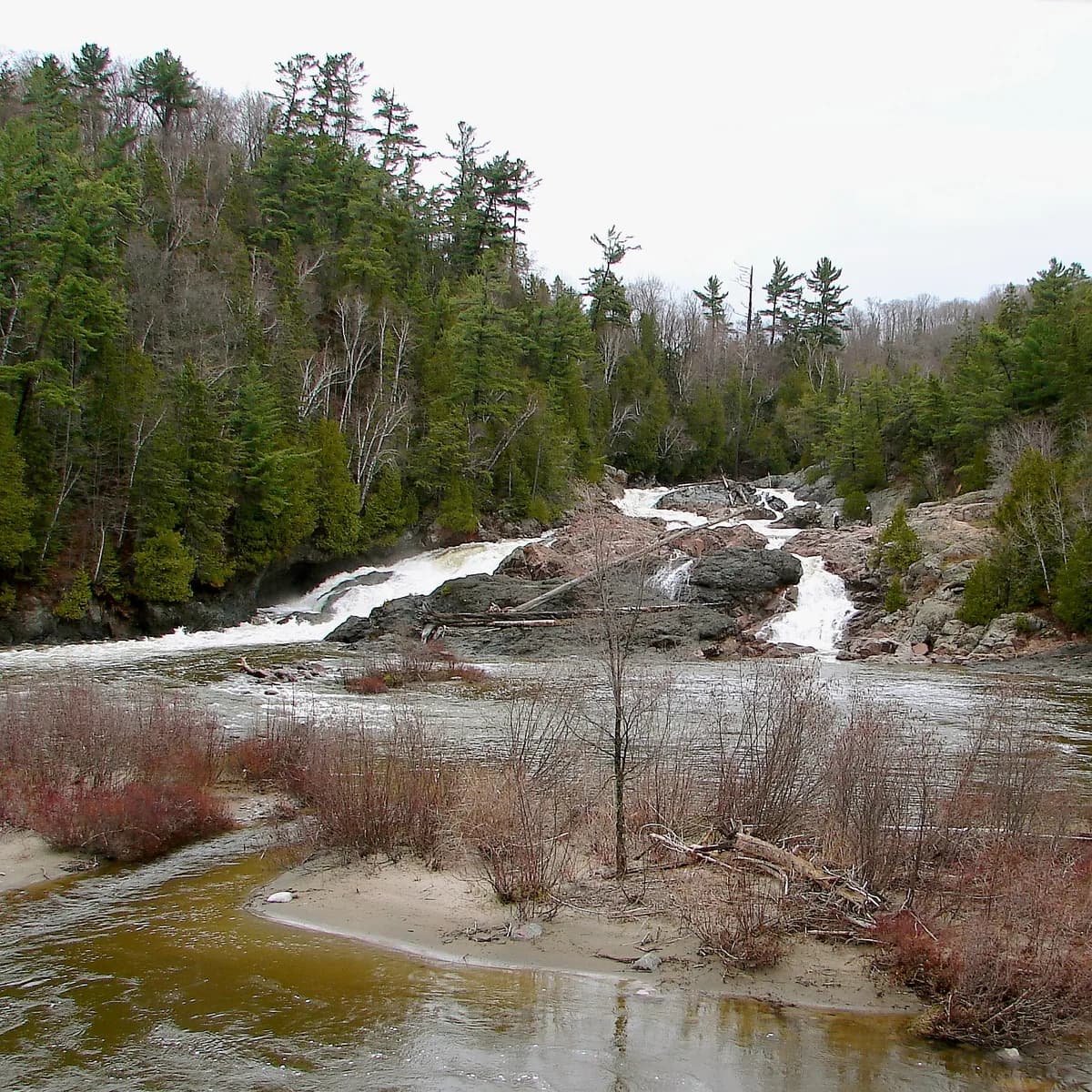 Rapids and falls on the Chippewa River cascading over rock ledges, surrounded by boreal forest, Algoma District, Ontario