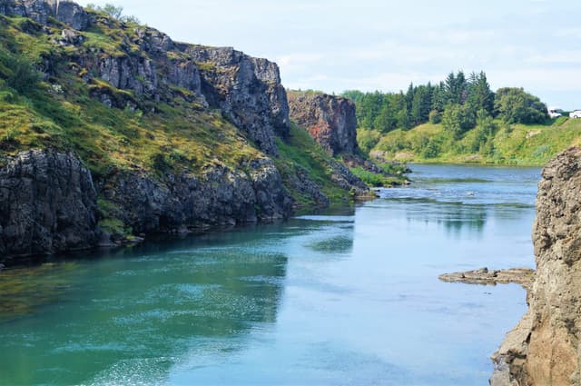 The Blanda river flowing through Blönduós near the estuary, north Iceland.