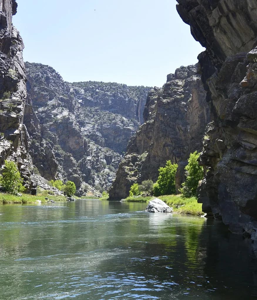 A narrow river flowing between towering dark canyon walls in the Gunnison Gorge, Colorado.