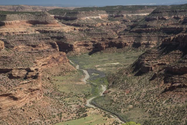 Aerial view of the Dolores River winding through a red-rock canyon in southwestern Colorado.