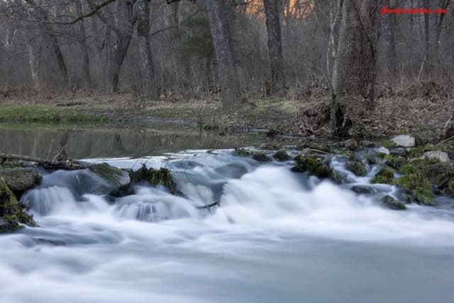 Fast whitewater rapids flowing over rocks in a wooded stretch of the Current River at Montauk State Park, Missouri.