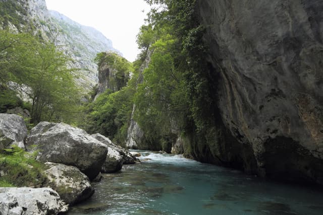 Crystal-clear turquoise water of the Río Cares threading between white limestone boulders in the gorge.