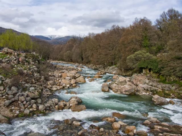 Boulder-strewn mountain stream, Garganta de Cuartos, running through La Vera, Cáceres, Spain
