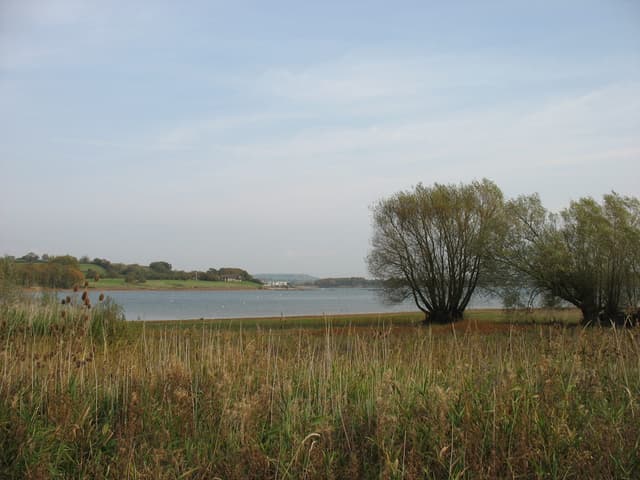 Wide view of Chew Valley Lake from Nunnery Point with Woodford Lodge on the far bank and open water.