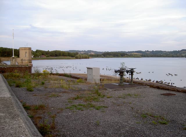 North shore of Chew Valley Lake in summer with open water and the low Mendip fringe behind.