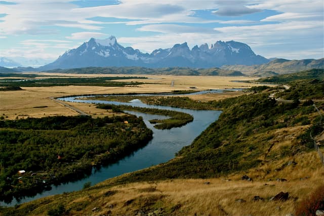The Cordillera del Paine and Serrano River at Sunset