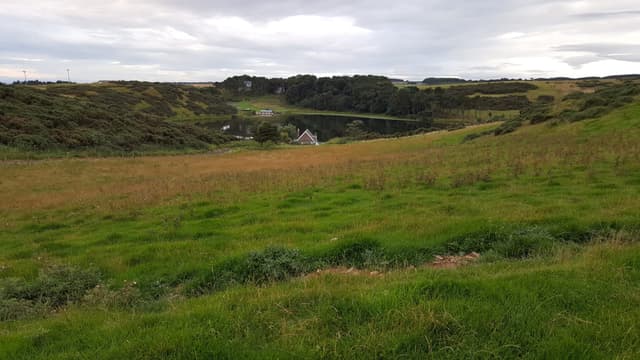 Coldingham Loch seen from an elevated position with surrounding upland grassland, Scottish Borders.