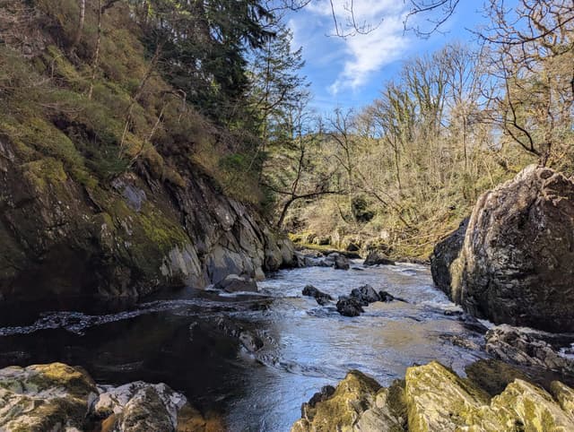 The River Conwy surging through the narrow Fairy Glen gorge below Betws-y-Coed.