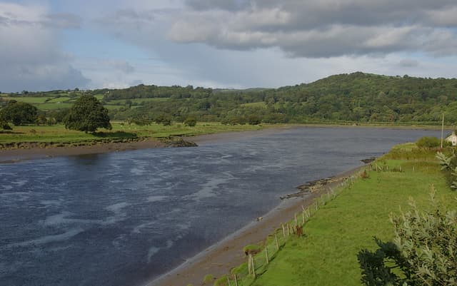 The Afon Conwy at Tal-y-Cafn, the wide tidal lower reach below the main fishing beats.