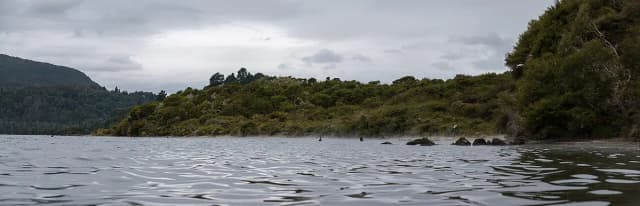 Panoramic view of Lake Tarawera with geothermal steam rising near the shoreline