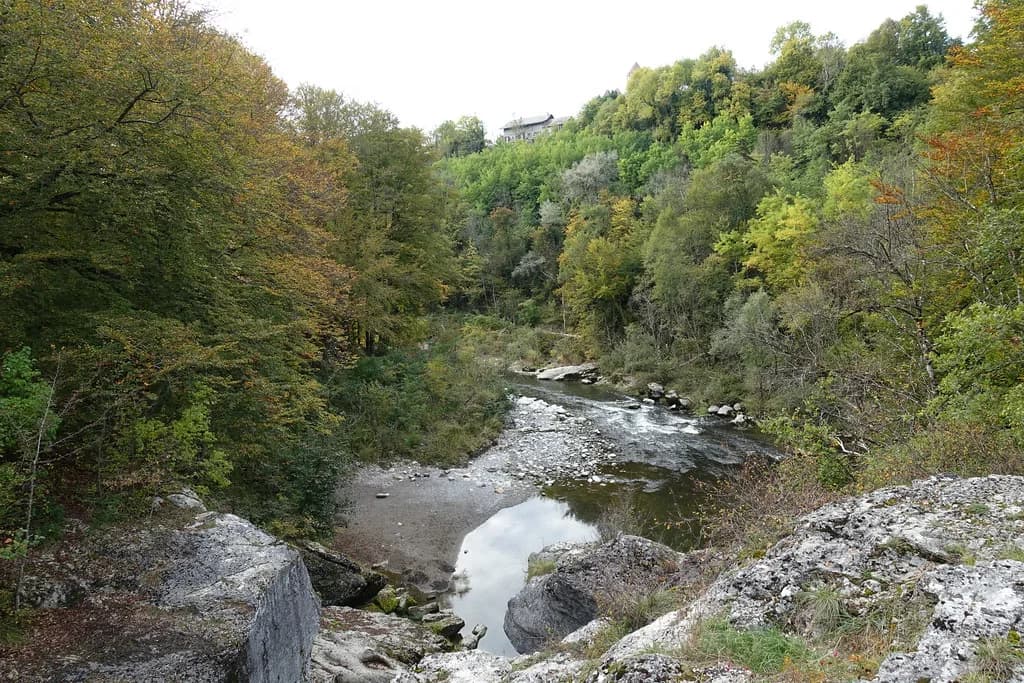 The Fier river flowing over rocks through a wooded limestone gorge near Lovagny, Haute-Savoie, France.