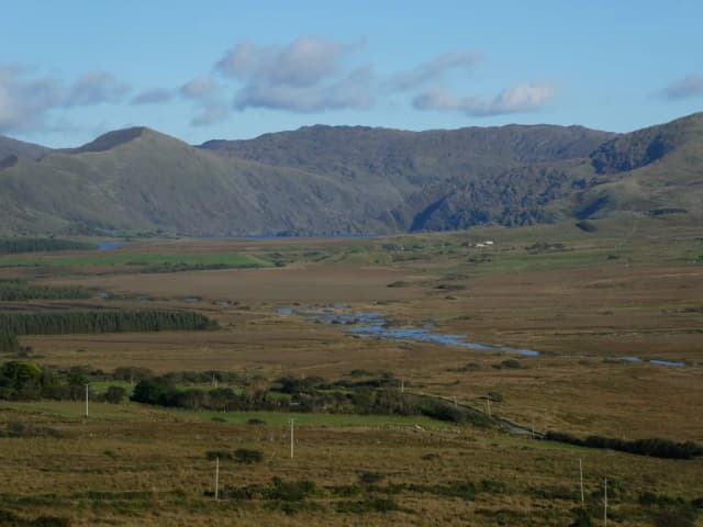 Wide view of the Cummeragh River valley on the Iveragh Peninsula, County Kerry, Ireland.