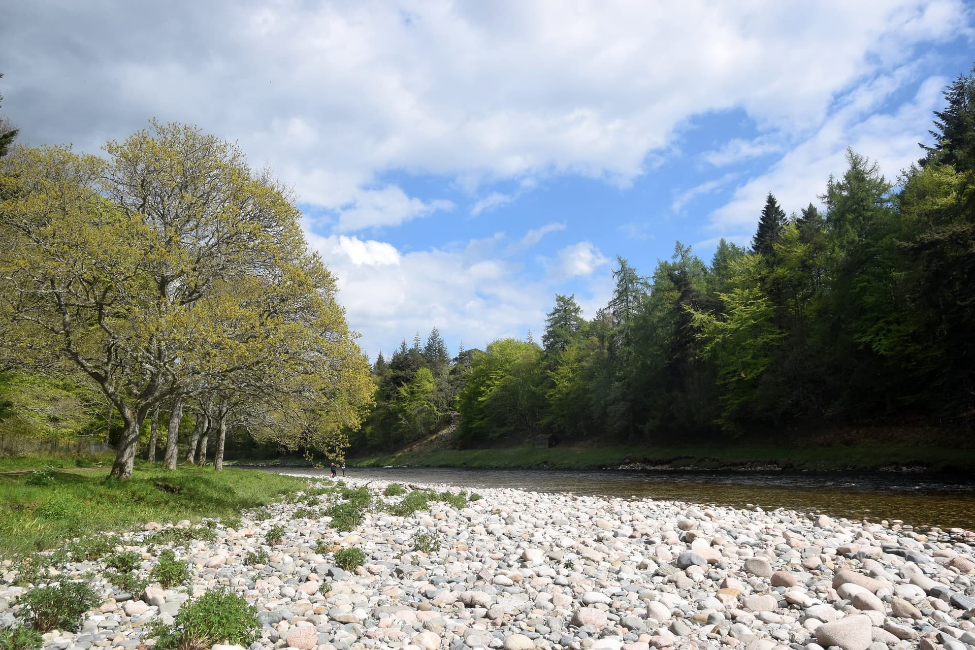 A wide shingle beach on the River Dee at Aboyne with clear water and forested hills beyond.