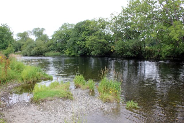 The Afon Dyfrdwy (River Dee) flowing through open countryside at Corwen, Denbighshire.