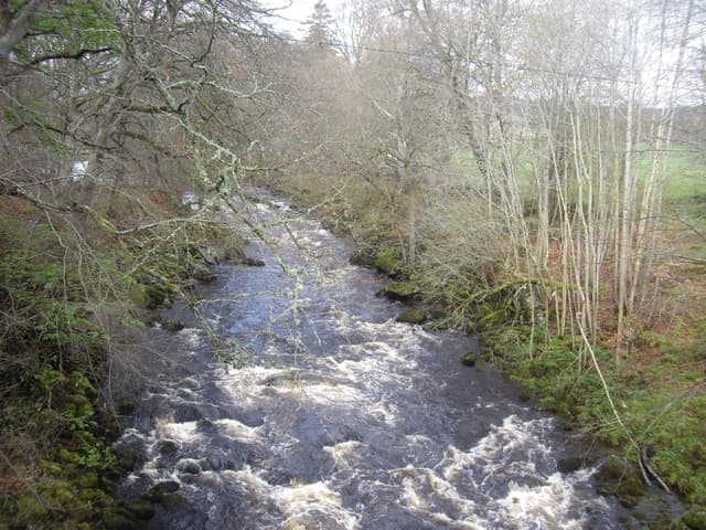 Looking upstream along the River Deveron at Huntly, the river winding through a wooded valley on an April afternoon.