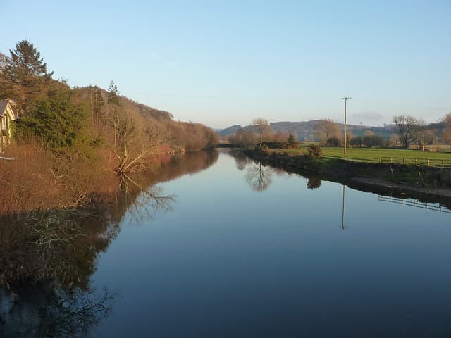The River Dovey upstream of the Pont ar Ddyfi road bridge at Machynlleth in winter.