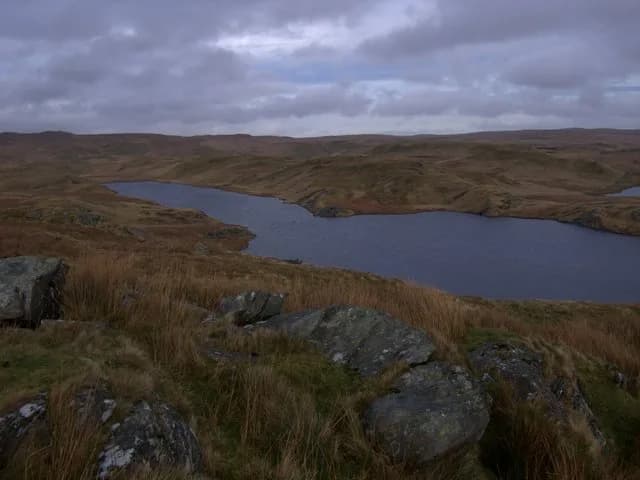 A long, dark upland lake curving through open moorland hills under a cloudy sky, viewed from a rocky rise above its shore.