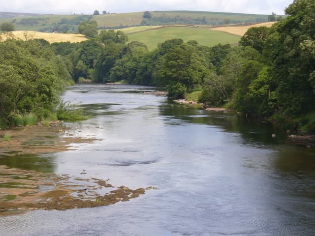 The River Eden flowing slowly through the sandstone valley at Armathwaite, wooded banks in summer.