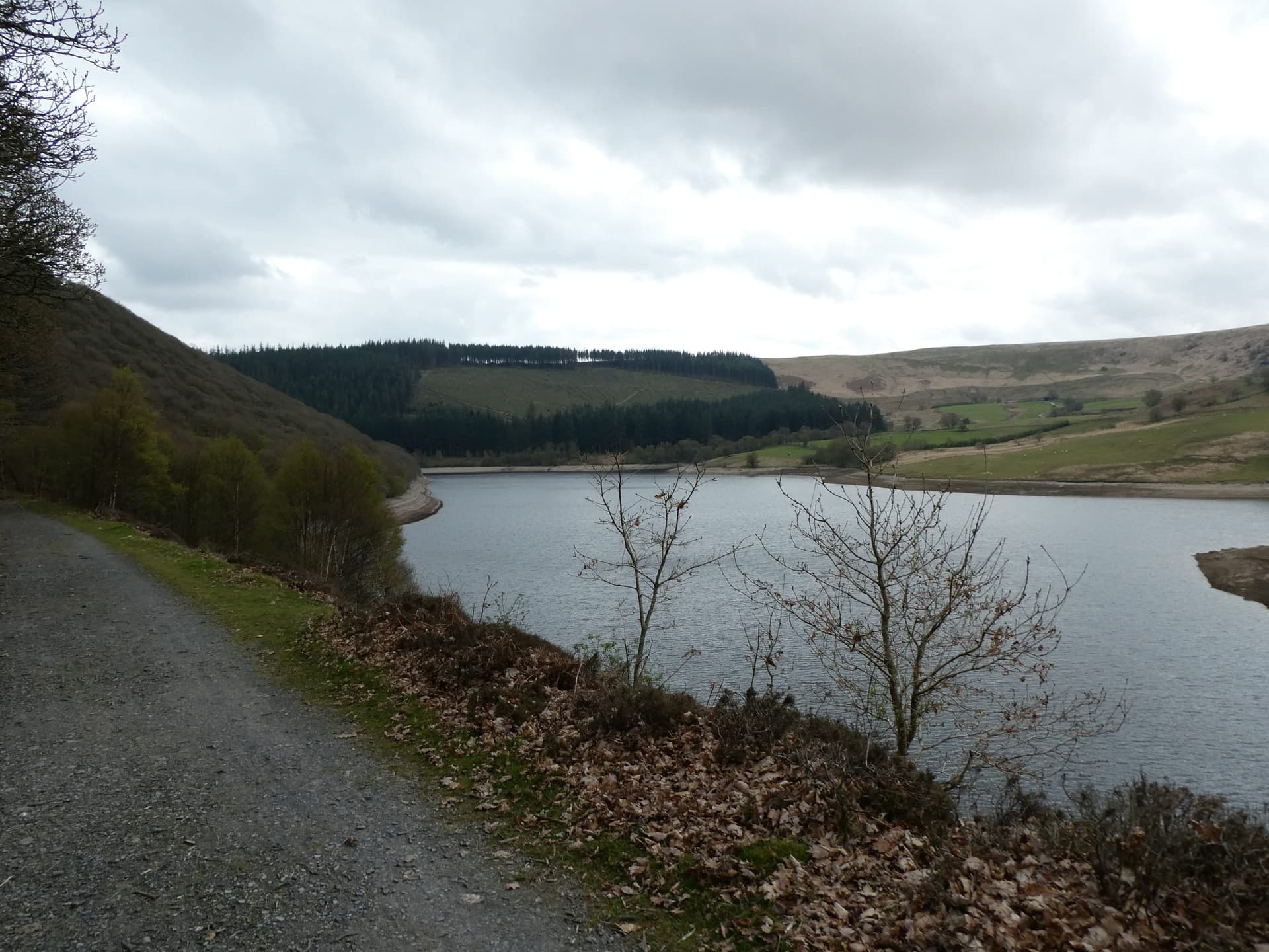 Pen-y-Garreg reservoir from the shoreline, broad open water flanked by rounded mid-Wales hills.