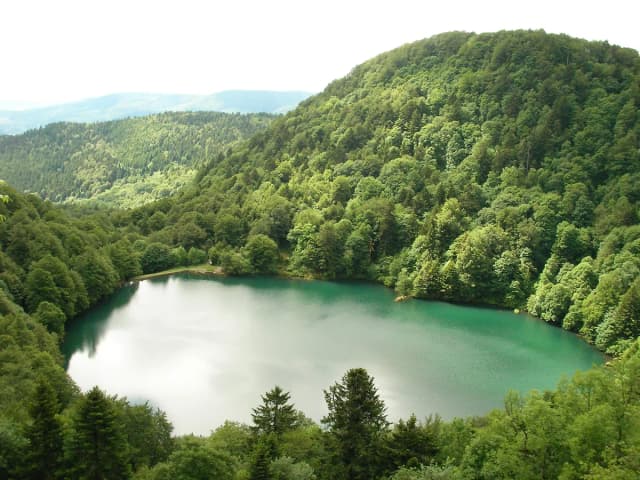 Lac des Perches (Sternsee), a forested mountain lake near Rimbach-près-Masevaux, Haut-Rhin, France
