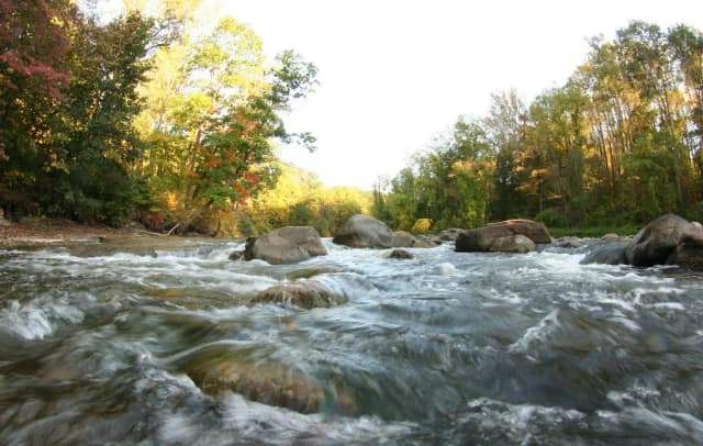 The Chagrin River rushing over boulders through a wooded gorge in early autumn color, Ohio.