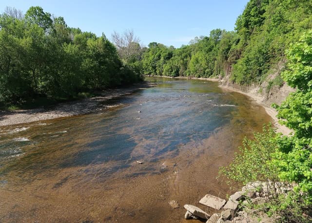 Wide bend of the Grand River flowing over gravel bars beneath wooded banks near Painesville, Ohio