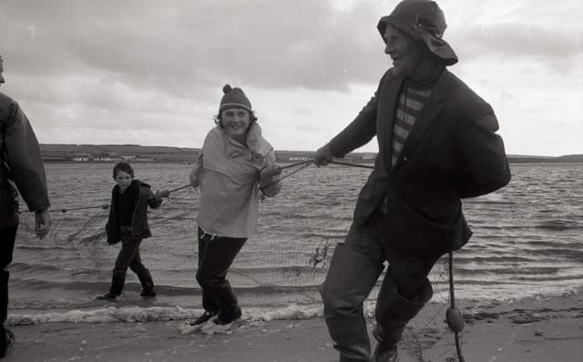A beach seine net worked for salmon on the River Feale, County Kerry, 1975.
