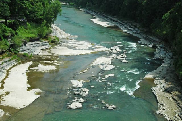 Turquoise water of the Genesee River flowing over exposed shale ledges through a forested gorge in Letchworth State Park, New York.